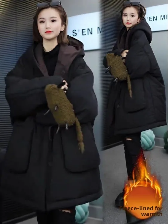 

Women's Winter Double-Sided Wear Warm Cotton Jaet Loose Slimming Youthful Casual Mid-Length Hooded Coat Korean Sle