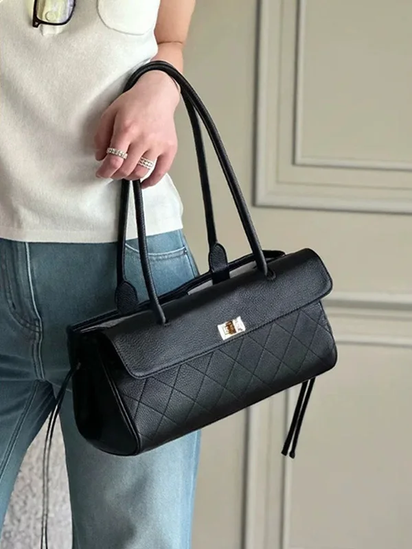 CLAREGQI  2026 New Genuine Leather Quilted Shoulder Bag for Women, Structured Top Handle Handbag, Lock Design Tote Purse, Multip - view 3