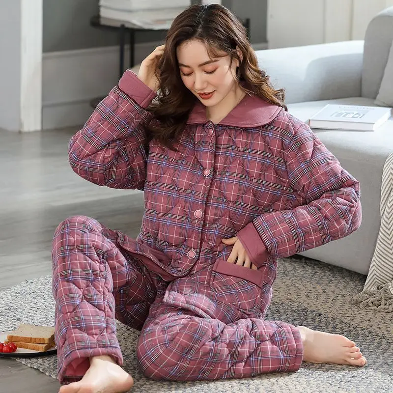 Pure cotton pajamas women\'s winter 2022 new thickened warm three-layer padded jacket women\'s loungewear set