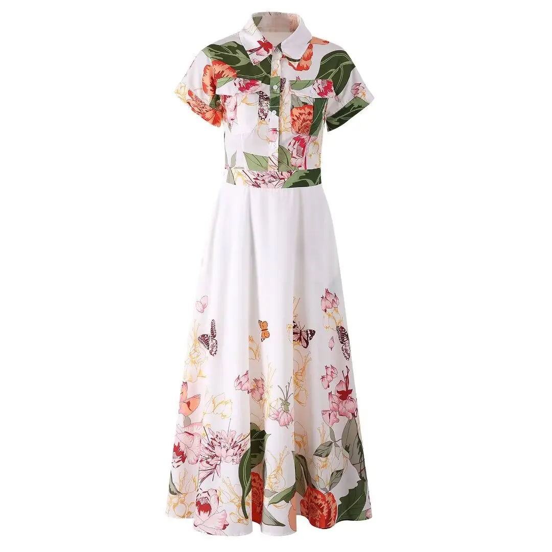 ZJYT Runway 2025 Spring Summer Floral Print Midi Shirt Dress Women Fashion Short Sleeve White Black Casual Holiday Dress Female