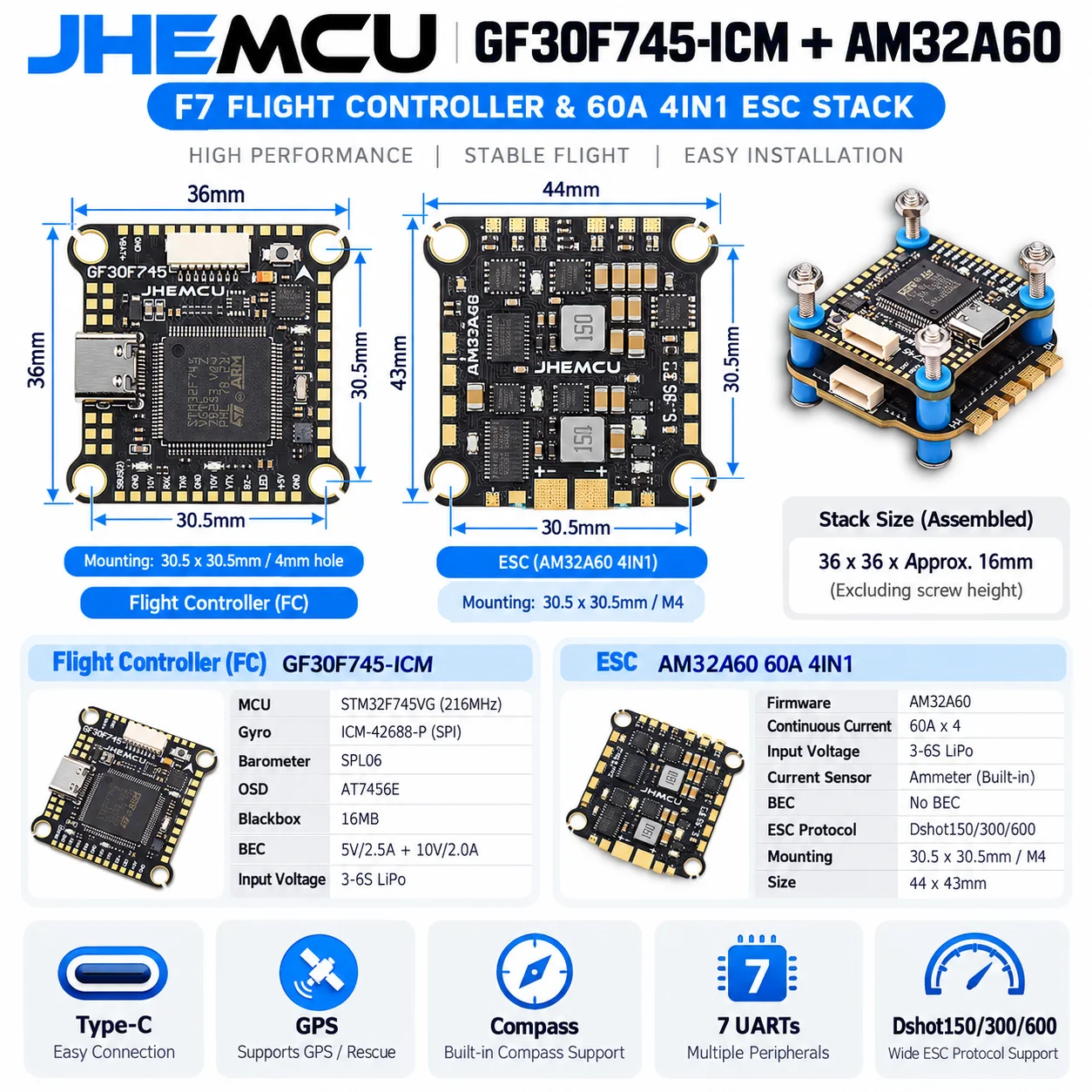JHEMCU F745 Flight Controller Stack GF30F745-ICM Flight Controller AM32A60 60A 4in1 ESC 3-6S 30X30mm for RC FPV Drone