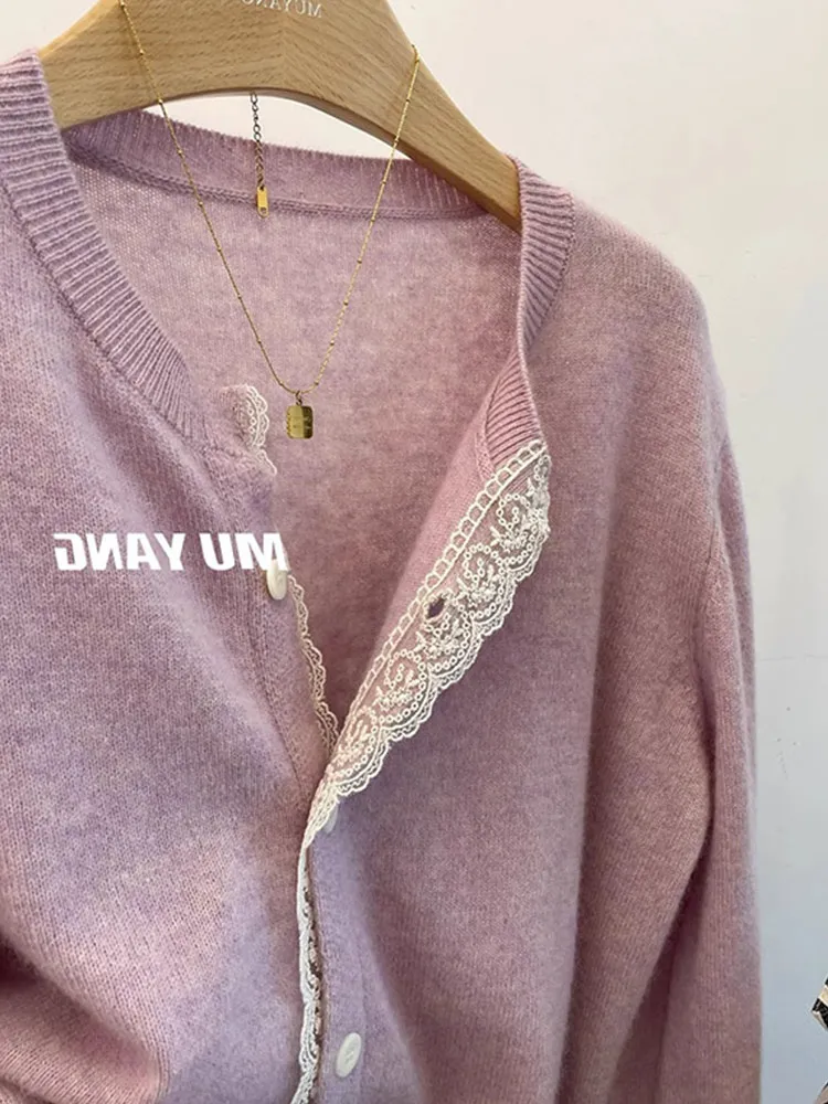 

Korean Sle Lace Splice round Ne Long Sve Women's Knitted Cardigan Coat Comfortable Soft Woolen Sweater Commute Faion