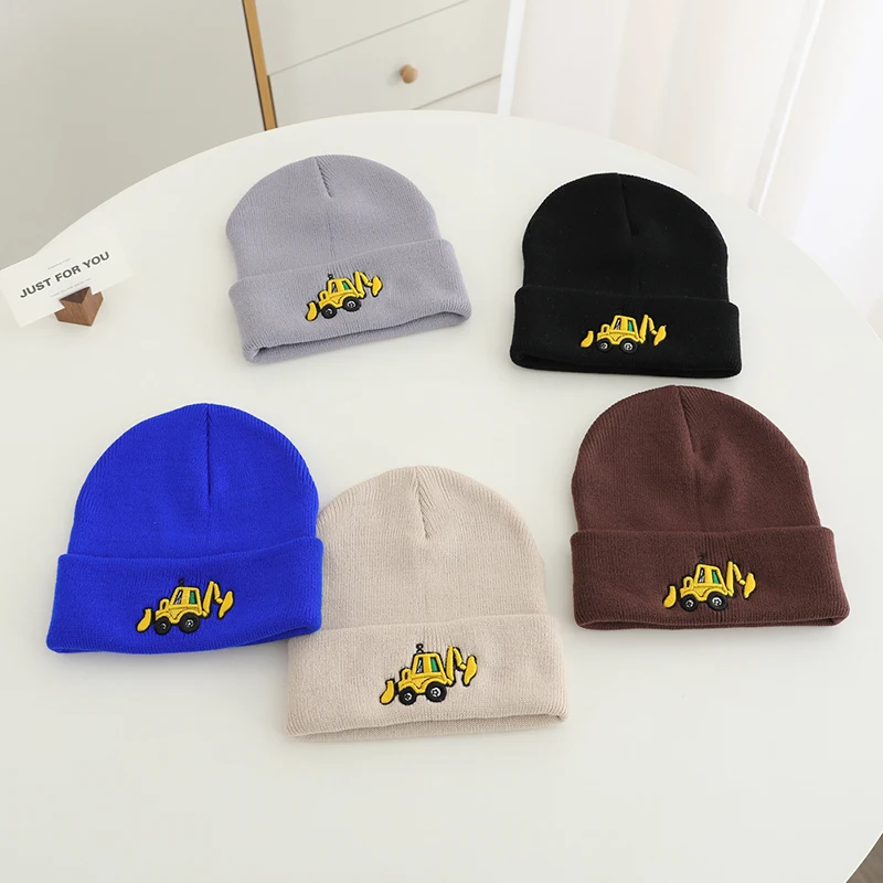 2024 Fashion Autumn Winter Casual Knitted Embroidered Cartoon Excavator Children Outdoor Kids Caps Sports Warm Hats Baby Boys