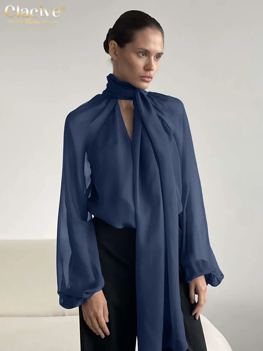 

Clacive Fashion Loose Blue Women's Shirt 2025 Casual Bow Collar Puff Sleeve Shirts Elegant Classic Solid Top Female Clothing