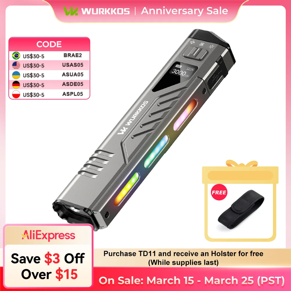 

Wurkkos TD11 Slim Tactical EDC Flashlight 3000LM Floodlight RGB IPX6 Waterproof Torch has Smart Oled Display for Patrol Camping