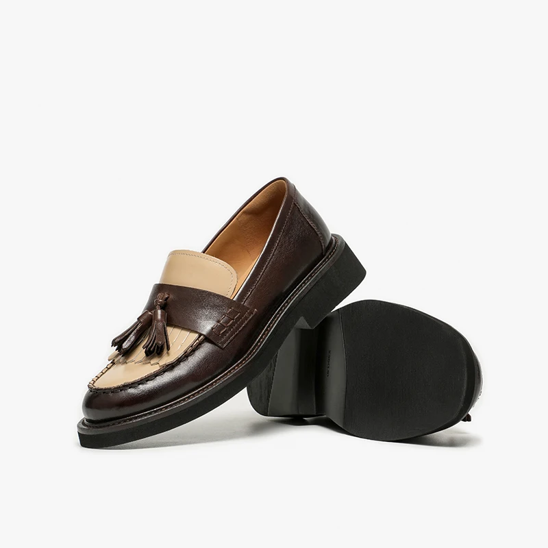 BEAUTODAY Loafers Women Genuine Cow Leather Fringe Patchwork Round Toe Slip-on Mid-heel Ladies Shoes Handmade 26447
