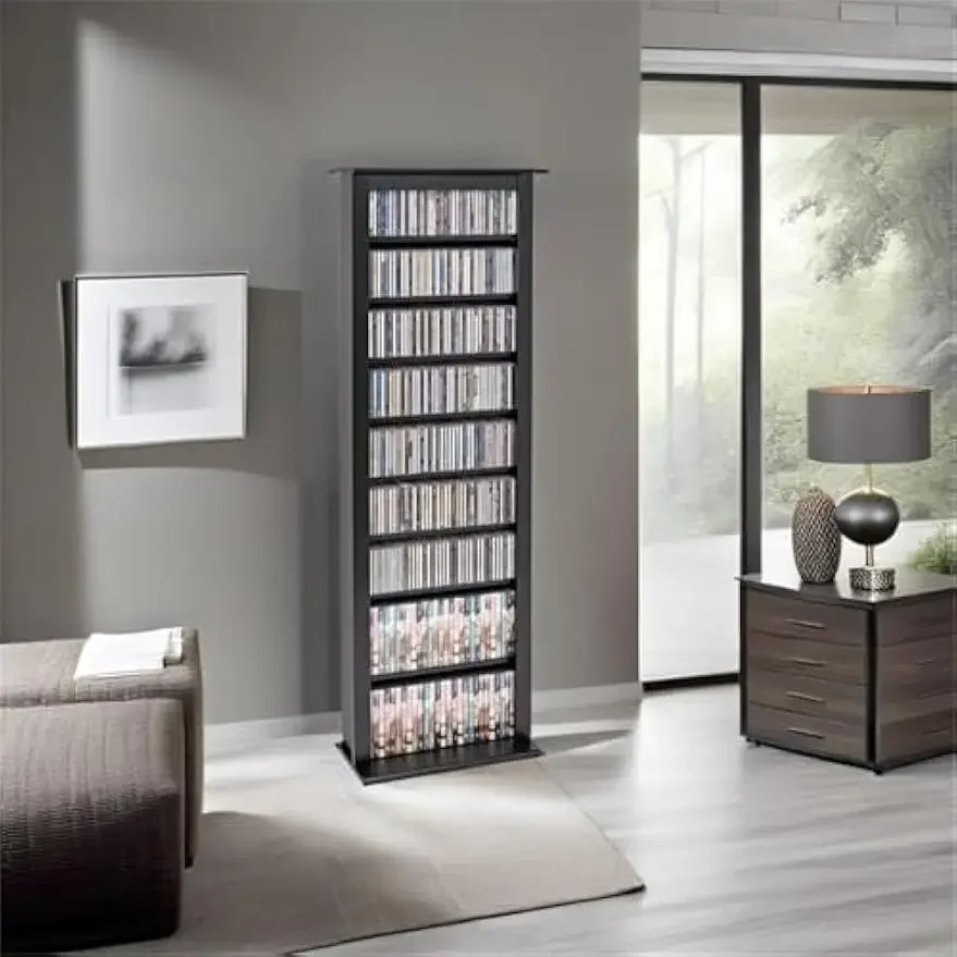 Wood CD/DVD Media Storage Tower, Narrow Design, Ready to Assemble, in Black Finish