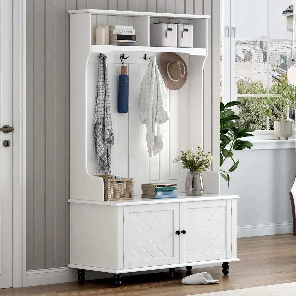 

3-in-1 Hall Tree with 2 Open Cubbies, Shoe Bench with 2 Storage Cabinets, Entryway Coat Rack with 4 Hooks.