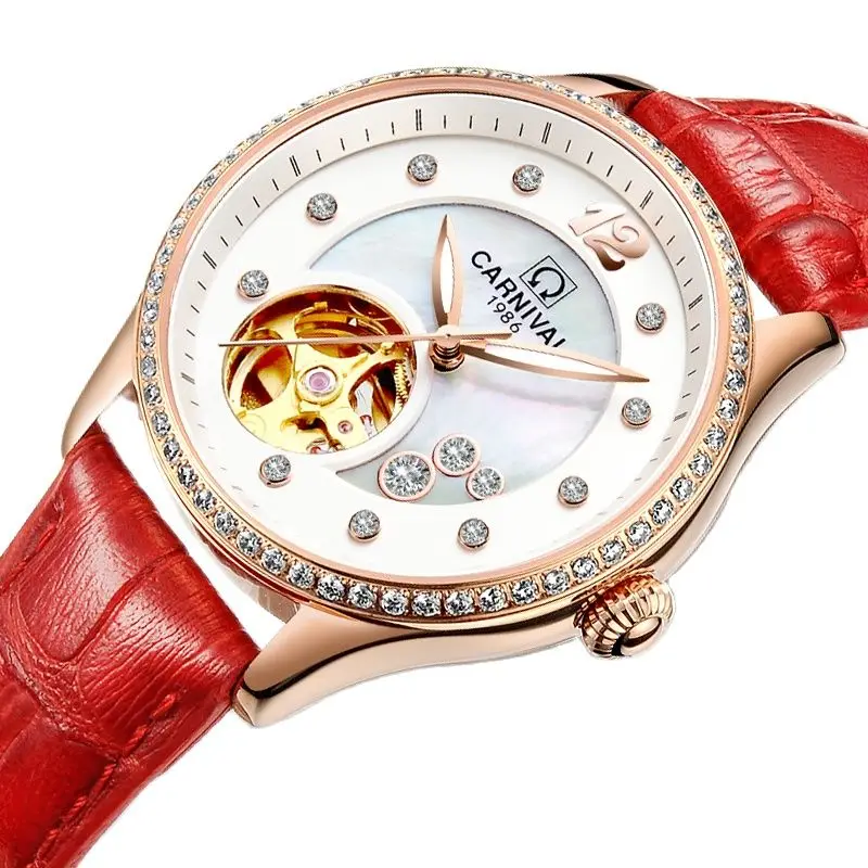 

Швейцария КАРНАВАЛ Элитный бренд Япония MIYOTA Автоматические механические женские часы с сапфировым стеклом Водонепроницаемые часы с бриллиантами C0682