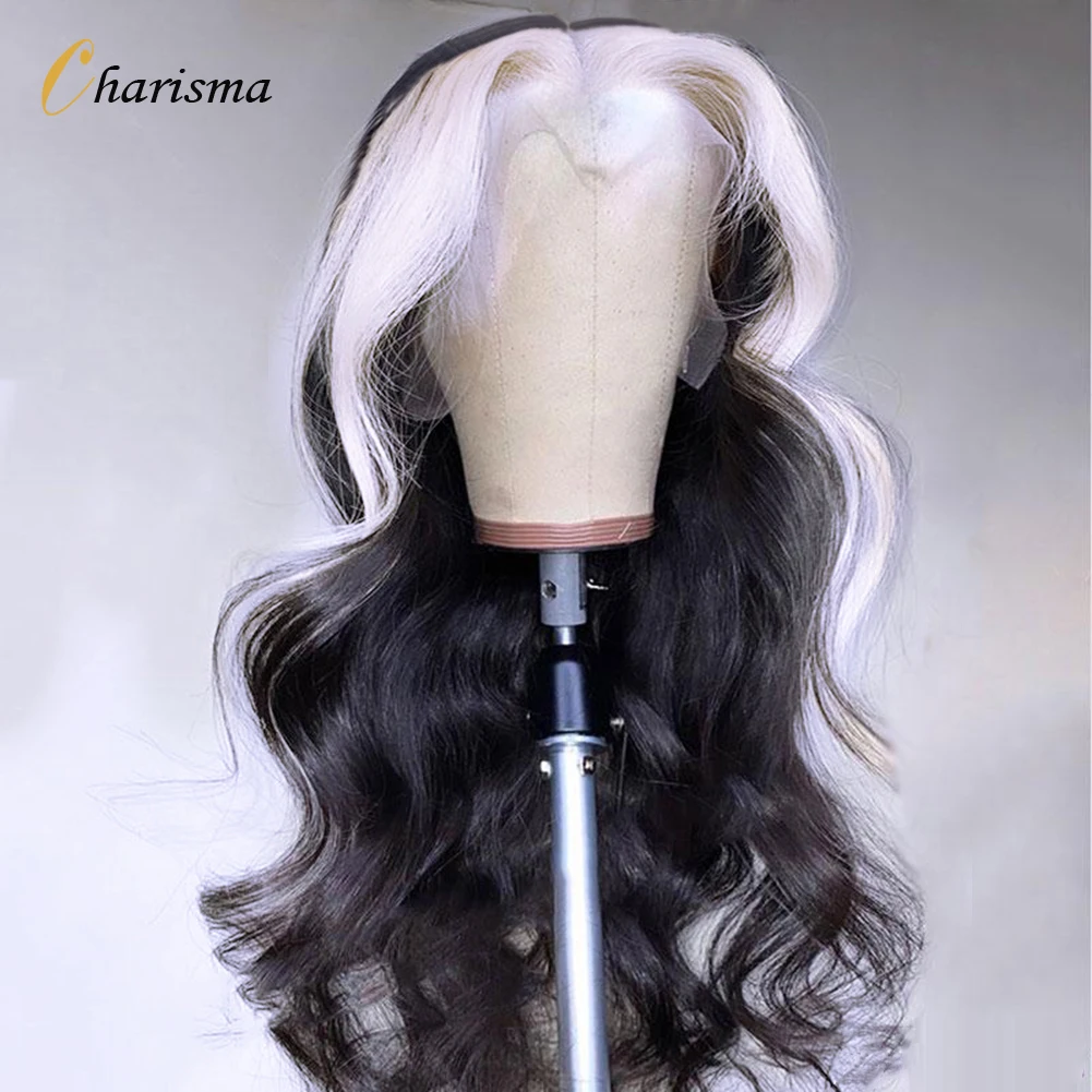 Charisma Black Wigs White Highlight Synthetic Wig Pre Plucked Synthetic Lace Front Wigs For Women Loose Wave Lace Frontal Wig