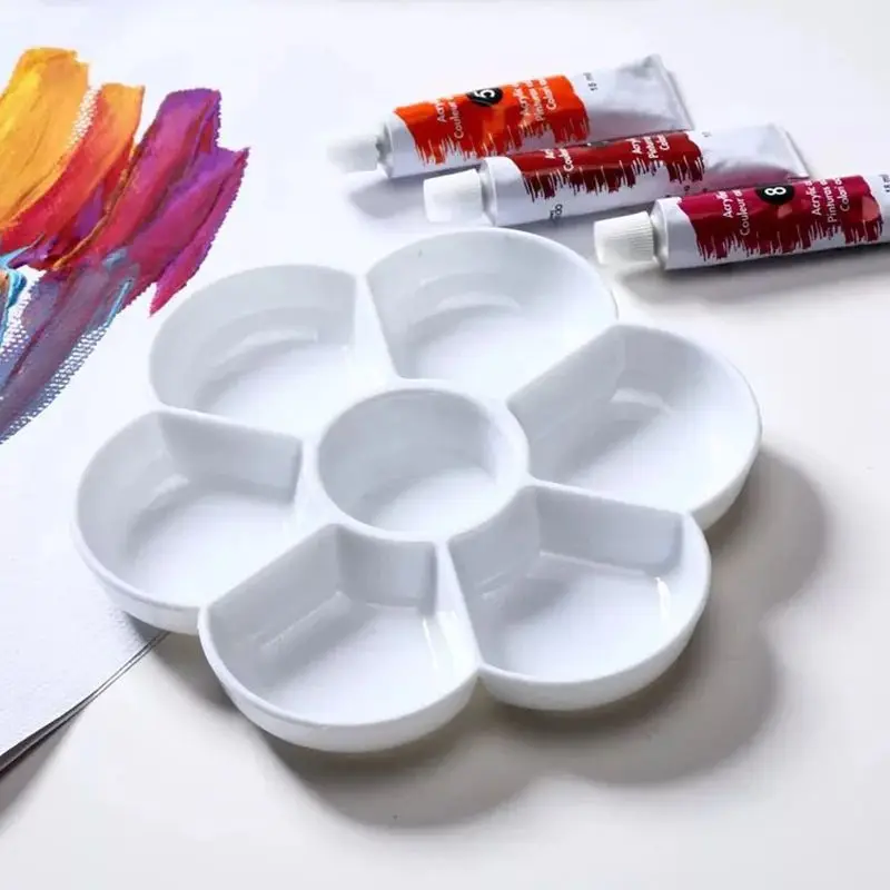7-grid Plum Blossom Paint Palette Tray Imitation Ceramic for Acrylic Oil Watercolor Gouache Craft DIY Art Painting, White
