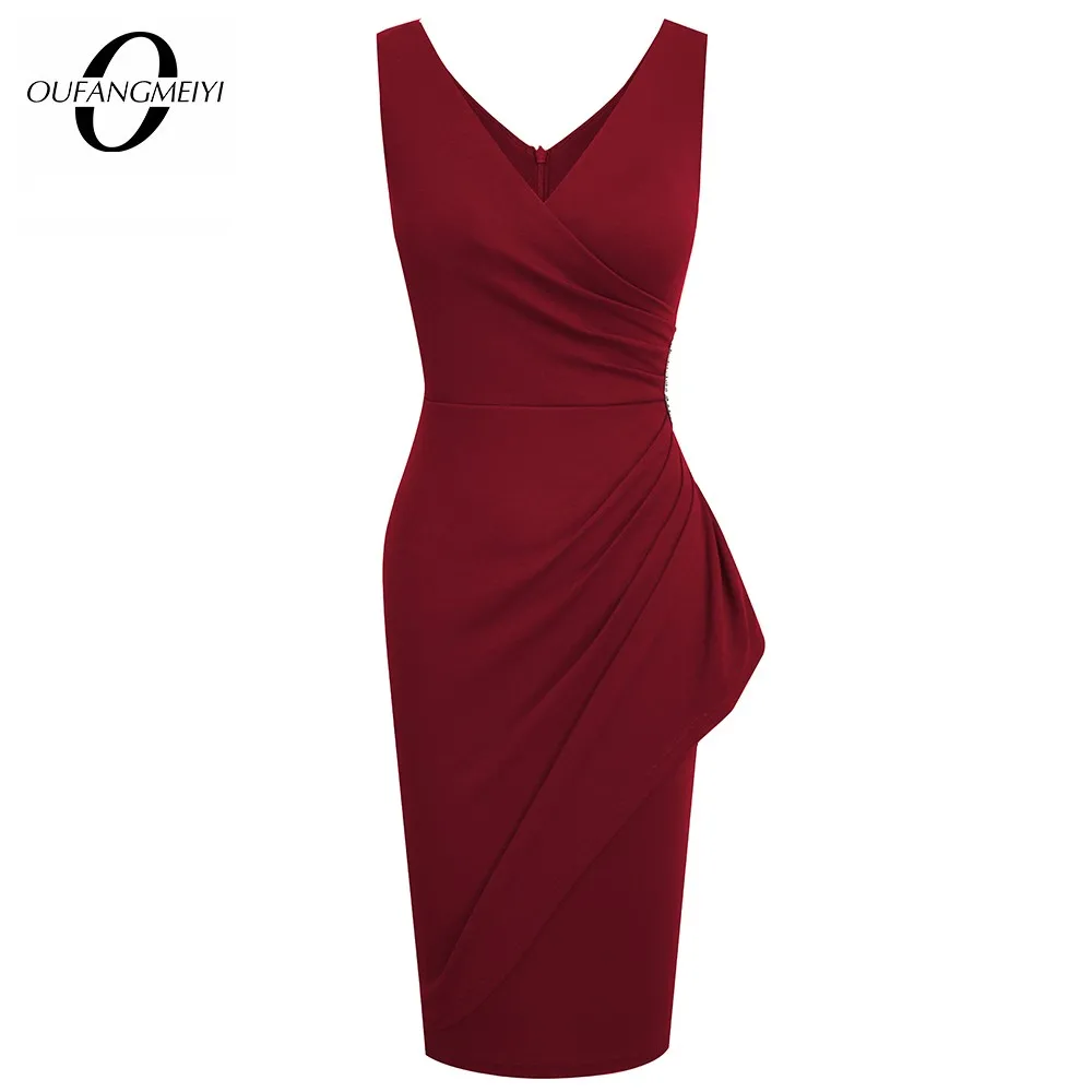 Women Cocktail Party Sleeveless Deep V Neck Embellished Lady Bodycon Wrap Pencil Dress EB706