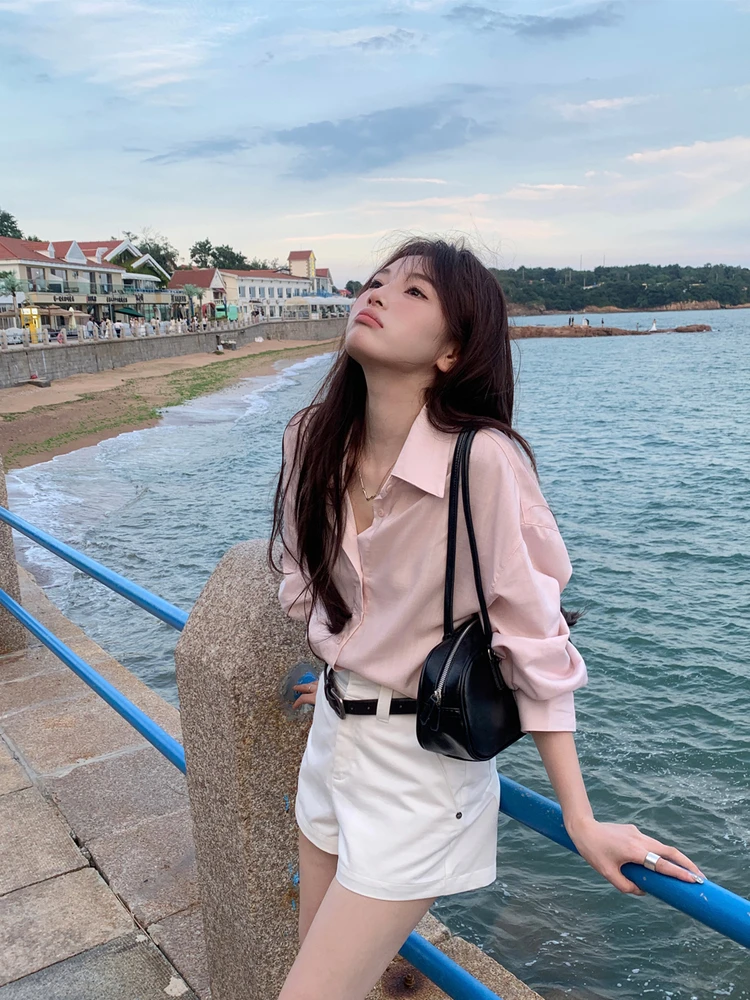 

Peaceonesoul Корейская шелковая женская повседневная свободная блузка с длинным рукавом из высококачественной воздушной ткани, комфортная посадка для осени