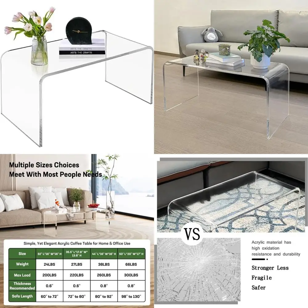

Acrylic Rectangle Coffee Table with PVC Mat, 32x16x16, Thick Lucite with Rounded Edges, Clear Center Table for Living Room