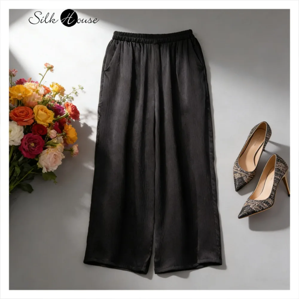 

2026 Women's Spring New 100% Natural Mulberry Silk Bark Satin Double Pocket Black Elastic Waist Fashion Straight-leg Pants