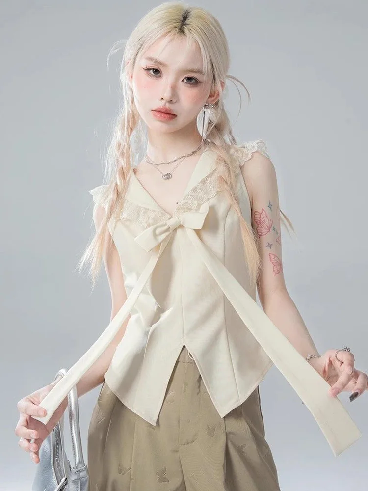 Jmprs-Blusa dulce con lazo para mujer, camisa informal de encaje con cuello de marinero, Tops ajustados Kawaii elegantes sin mangas Vintage para mujer