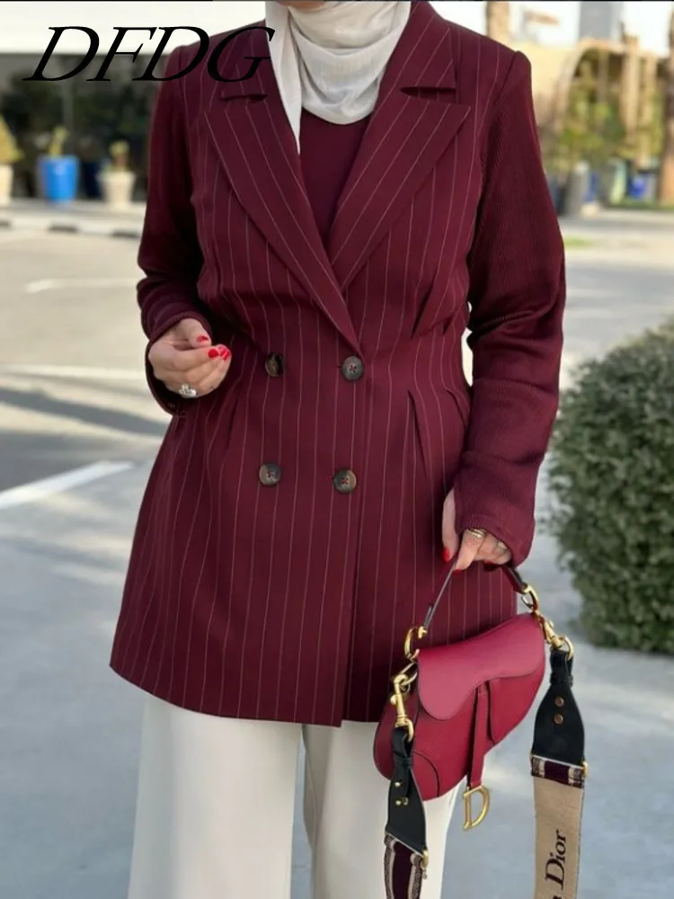 

DFDG Women's Spring And Autumn Red Striped Splicing Design Lapel Double Breasted Suit Waist Slim-fit Senior Jacket Simple 2024