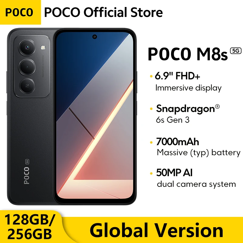 POCO M8s Global Version 5G Smartphone 128GB 256GB Snapdragon® 6s Gen 3 6.9" 144Hz Display 50MP Camera NFC 7000Ah 33W