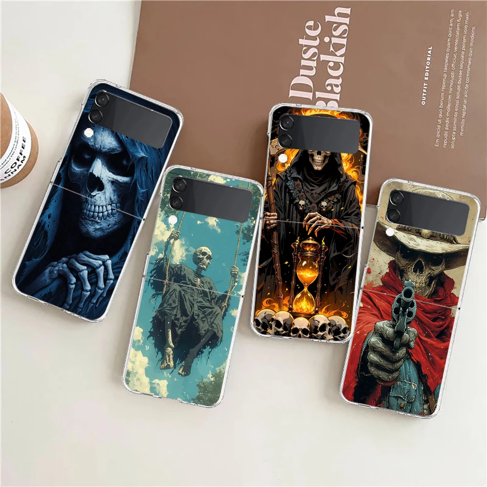 Transparent Phone Case For Samsung Galaxy Z Flip 3 4 5 6 7 Hard Folding PC Z Flip3 Flip4 Cover Grim Reaper Skull