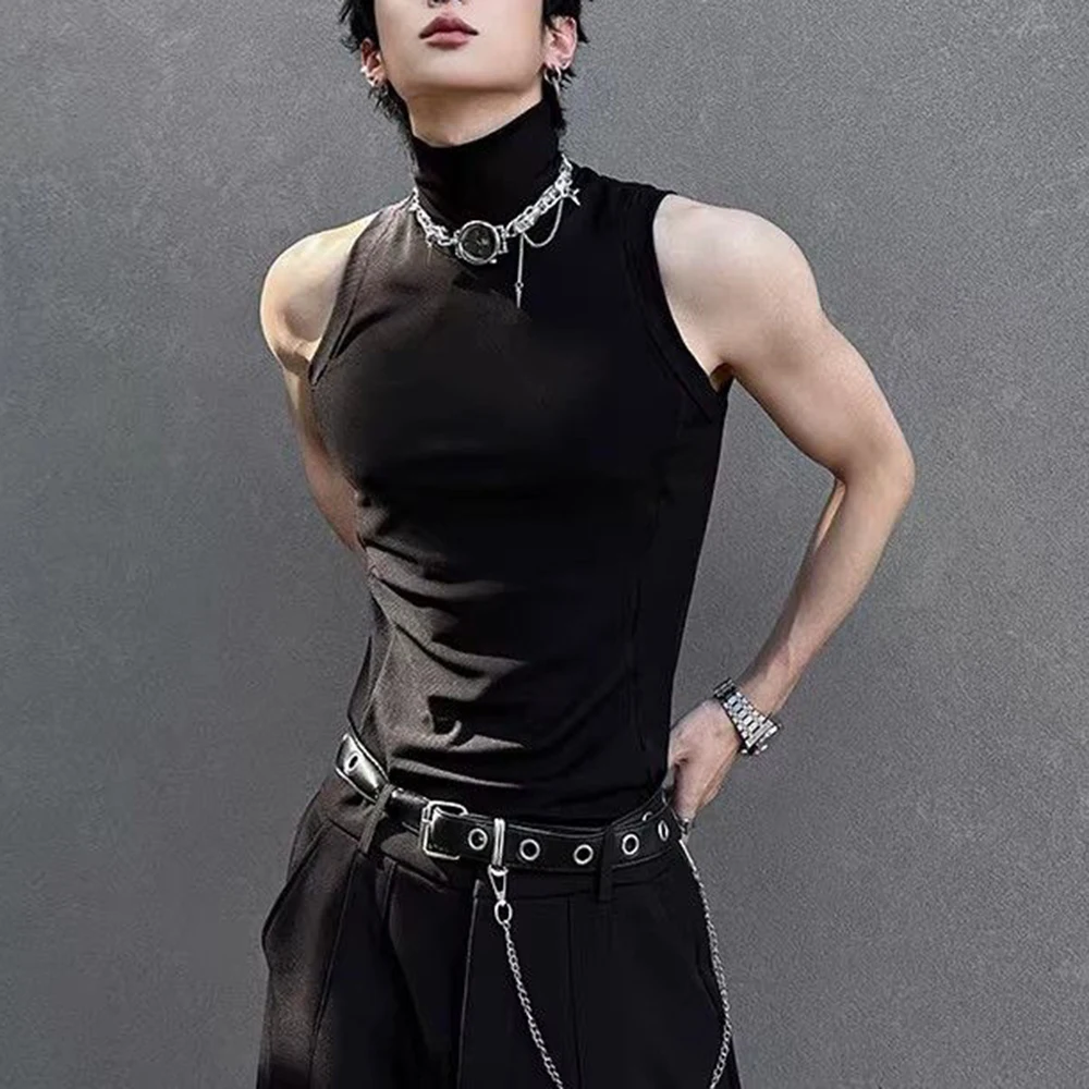 Summer New Men's High-Neck Sleeveless Vest American Retro Fashion Trendy High Street Casual Breathable Tight-Fitting Men's Top