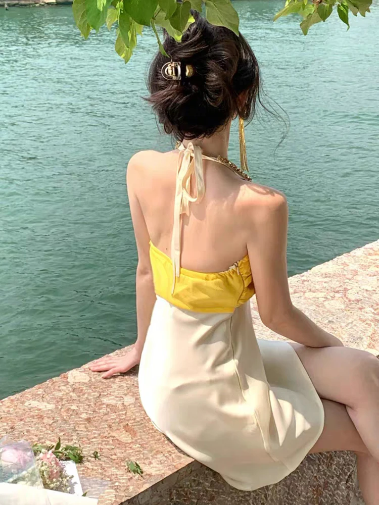 RORORIRI Abito sexy con scollo all'americana con diamanti ritagliati Fasciatura da donna con spalle scoperte Desiderio Mini abito a contrasto senza schienale Abiti da festa di compleanno