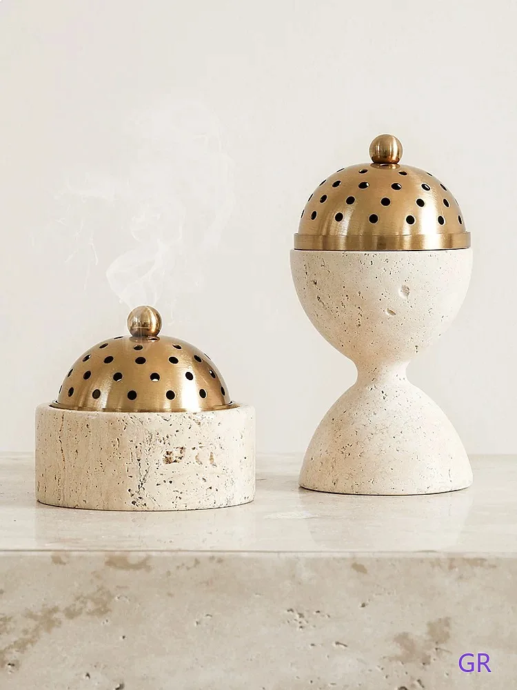 Wabi-sabi Retro Incense Burner Natural Travertine Metal Candle Holder Desk Decor