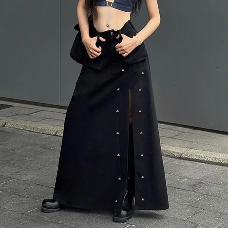 Line Maxi Skirts High Quality Gothic Pockets Rivet Split Skirt Dark Solid Mid-Waisted A-Women 2024 Fashion Streetwear Skirt