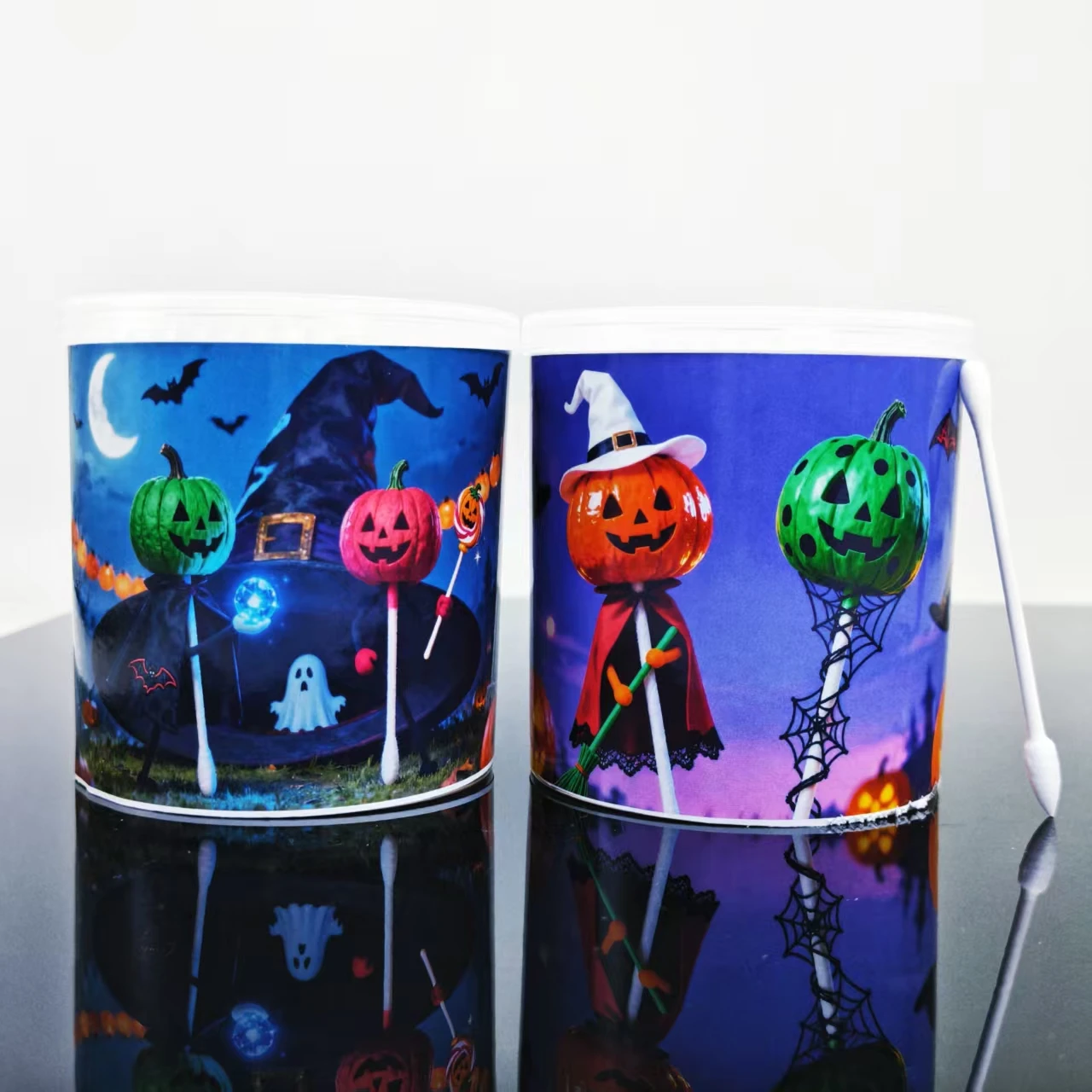 400 Uds./800 Uds hisopos de algodón con temática de Halloween, hisopos de algodón de regalo de vacaciones con patrón de calabaza de punta redonda blanca