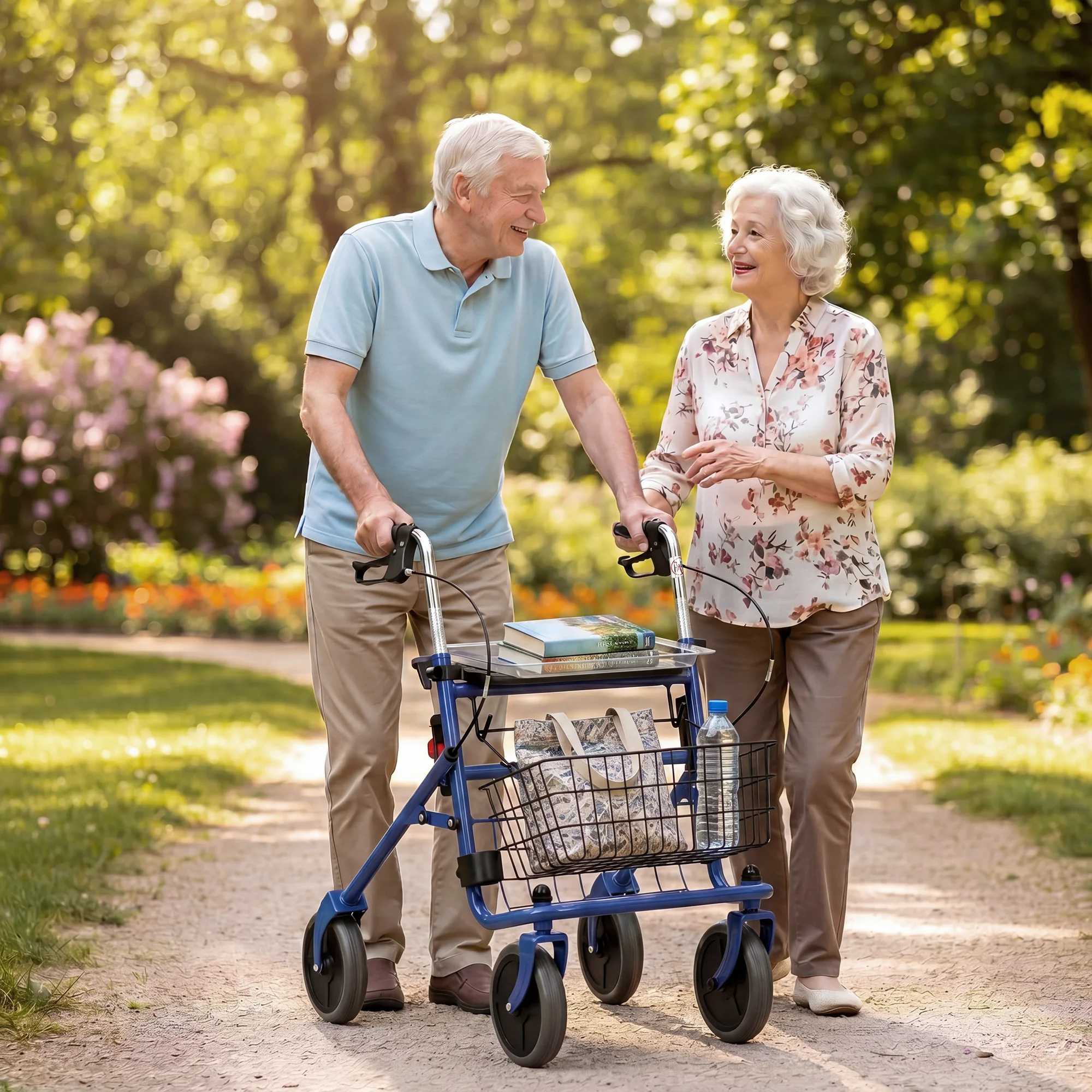 Déambulateur pliable à 4 roues pour seniors, aide à la marche en acier inoxydable avec siège rembourré, poignées réglables, doubles freins, panier amovible, plateau, support pour canne, roues en PU, capacité de 136 kg, utilisation intérieure et extérieure.