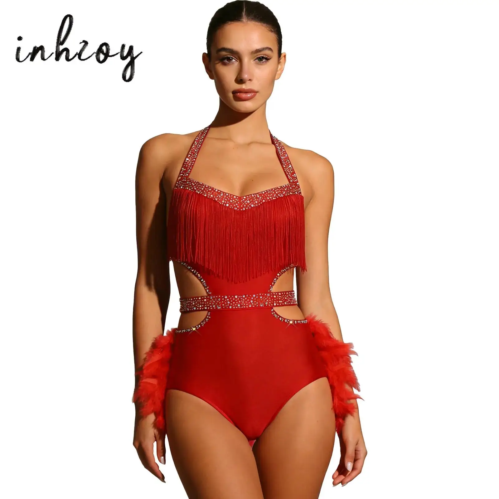

Womens Glittery Rhinestones Latin Rumba Samba Dance Bodysuit Halter Backless Sleeveless Faux Feather Accents Leotard Jumpsuit