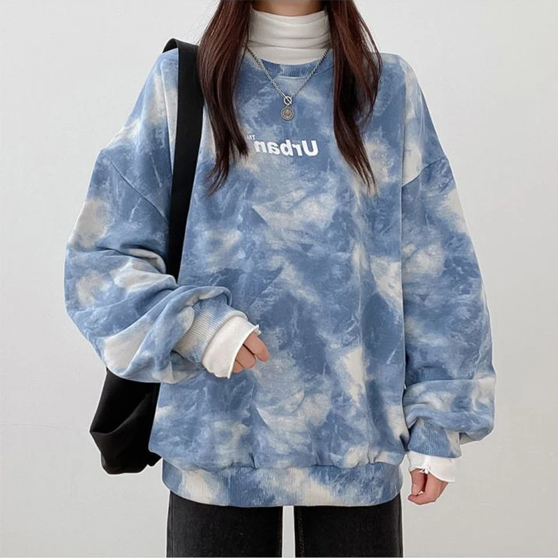 Women Korean Retro Style Vintage Letter Tie Dye Print Casual Loose Sweatshirt O Neck Long Sleeve Pullover Streetwear Autumn 2022