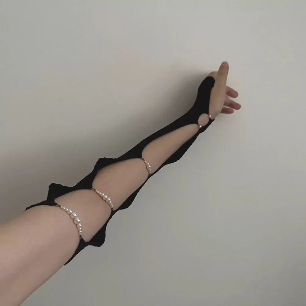 Protección UV Cool Black Punk mangas de brazo elástico Y2K perla medio dedo cubierta de brazo calcetines de pierna delgada manga de pantorrilla ahuecada niñas