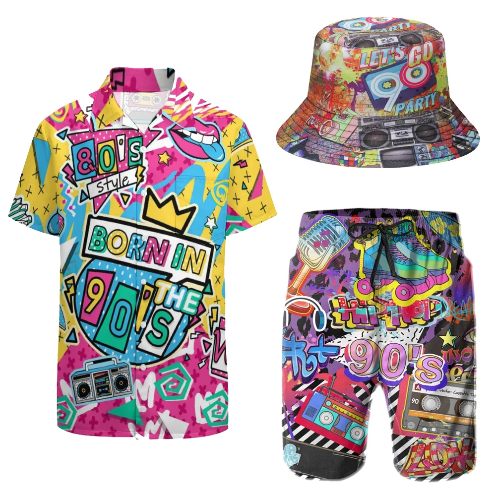 Adult Men\'s 2 Piece Tracksuit 80S 90S Outfit Printed V Neck Summer Beach Button Down 1980 Shirts Shorts Sets with Bucket Hats