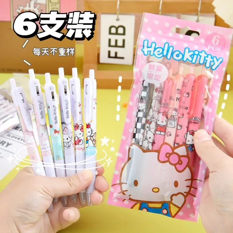 6Pcs Sanrio Gel Pen Hello Kitty Cartoon Kuromi ST Quick Drying Black 0.5mm Press The Ballpoint Pen Learning Stationery Gifts