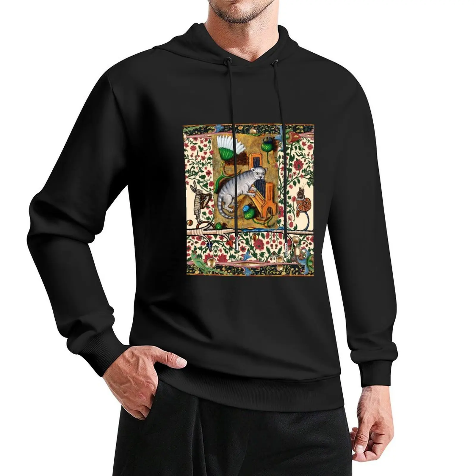 

WEIRD MEDIEVAL BESTIARY MAKING MUSIC,Cat Playing Organ,Harpist Rabbit,Snail Cat Pullover Hoodie men clothes men's hoodies