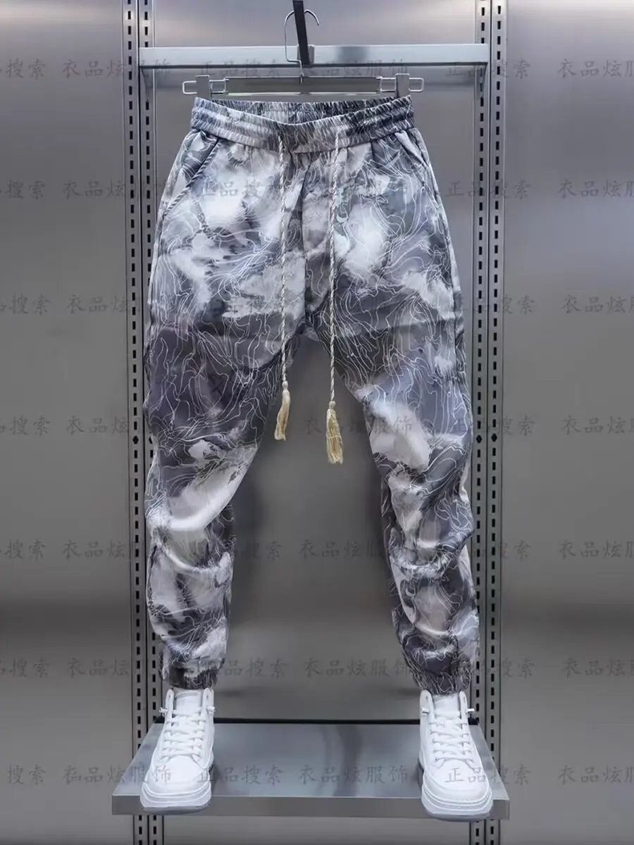 Tie-dye Haren pants For Man Spring and Autumn Men's Elastic waist Printing pocket Drawstring Chinese style Versatile Loose Haren