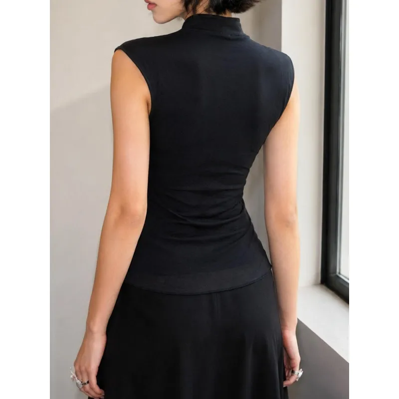 Personalized Cool Black Qipao Style Sleeveless Top with Snake and Floral Prints, Slim Fit and Slimming Street Style Spicy Girl