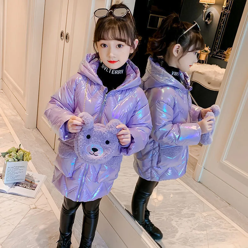 

Girls' Jacket Children'S Winter Coat 2023 Winter New Girls' Down Cotton Jacket Long Hooded Purple Pink Outwears Bear Free Gift