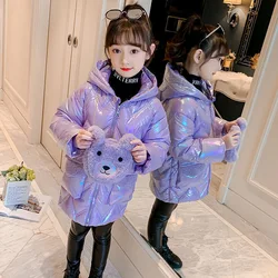 Girls' Jacket Children'S Winter Coat 2023 Winter New Girls' Down Cotton Jacket Long Hooded Purple Pink Outwears Bear Free Gift