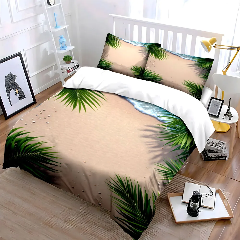 Beach Palm Waves Summer Scene Bedding Set for Kids Luxury Gift 3pcs Digital Print Comforter Set Soft Comfortable Breathable