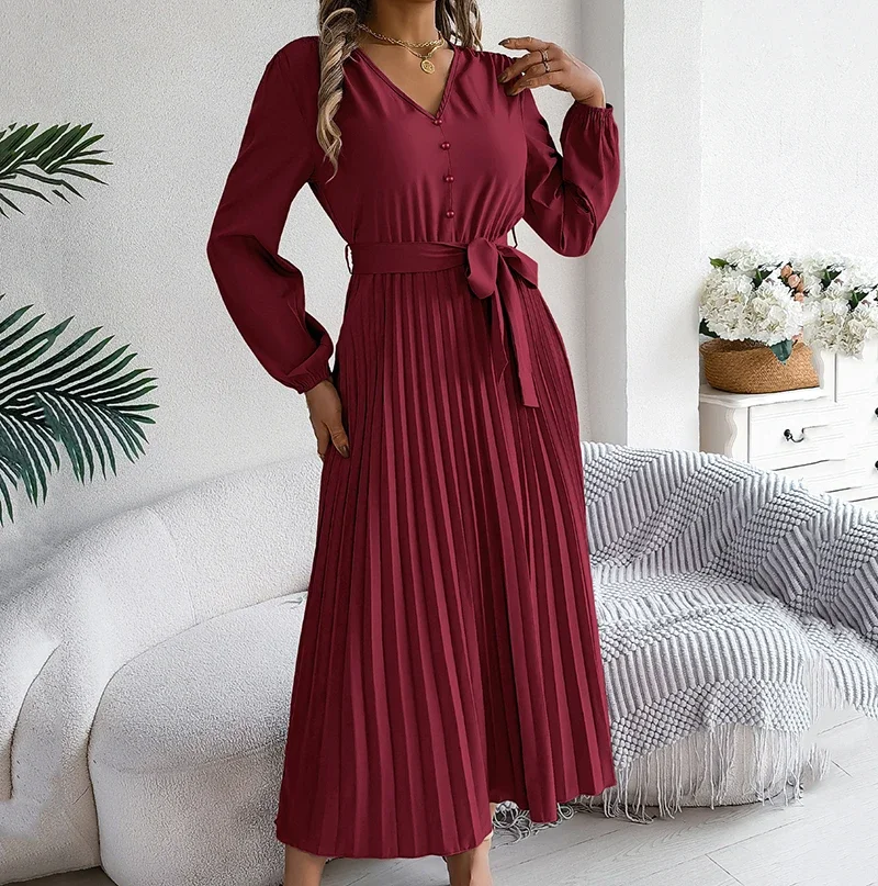 Women's Long Dresses Autumn Elegant Pleated Long Sleeveed Lace Up Dresses Beach Boho Wrap Ruffle Hem Big Swing Long Sundress