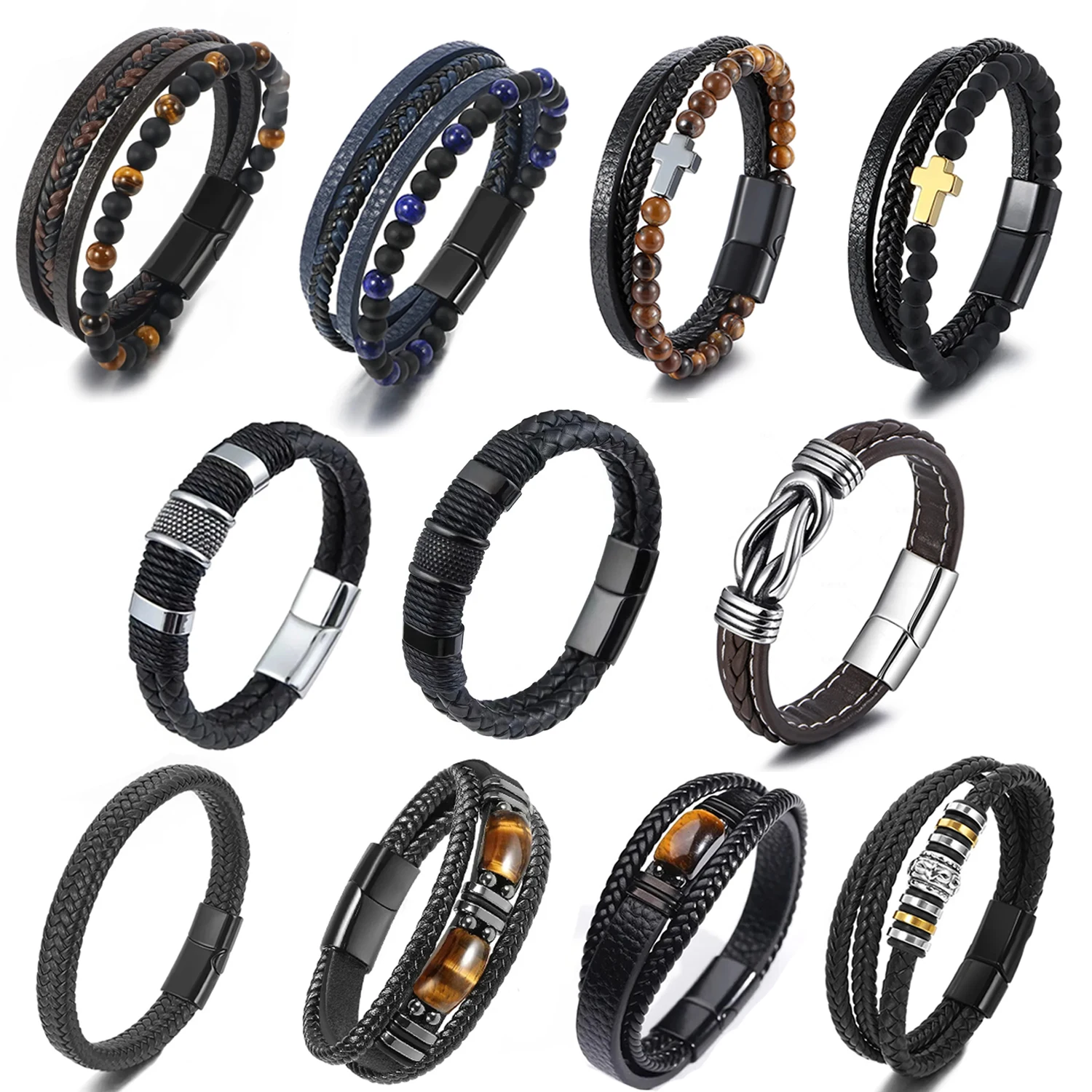 

New Multi-Layered Leather Rope Braided Bracelet for Men with Alloy Magnetic Buckle Fashion Accessory Friends Gift
