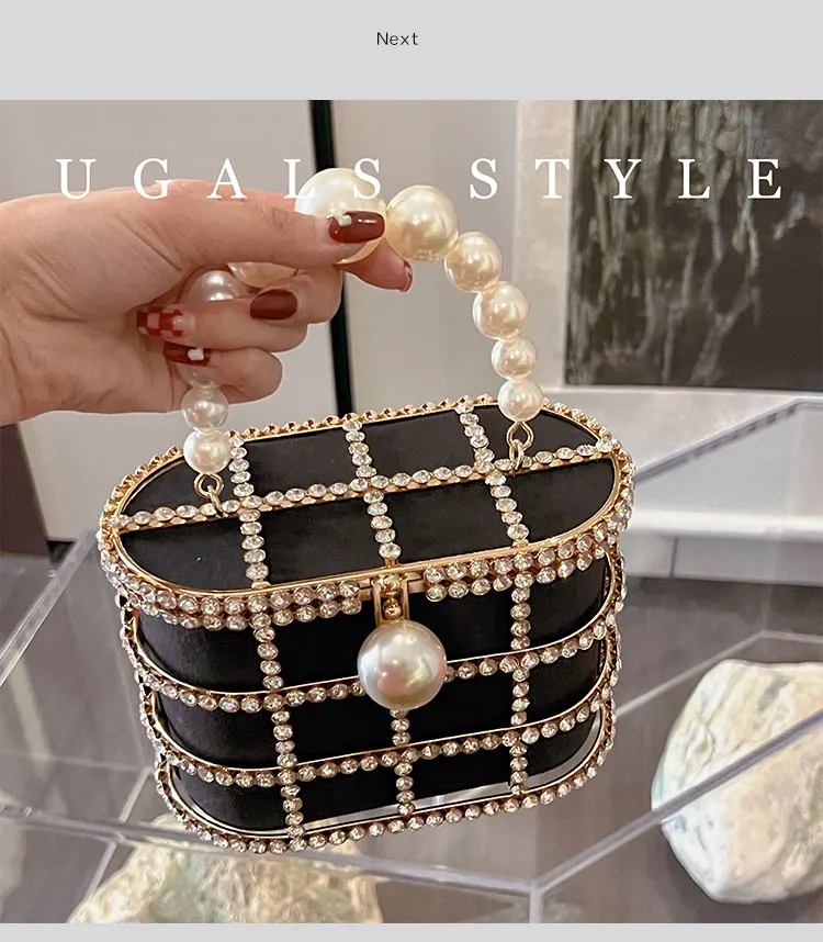 Luxury Hollow Out Metal Cage Preal Beaded Women\'s Handbag Rhinestone Diamond Evening Bag Wedding Party Clutch Purse Shoulder Bag