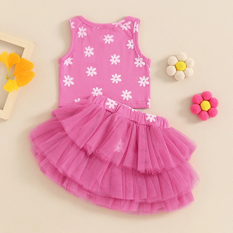 Sweety Baby Girl Summer Outfits Flower Print Round Neck Sleeveless Tank Tops Layered Mesh Tulle Tutu Skirts 2Pcs Clothes Set