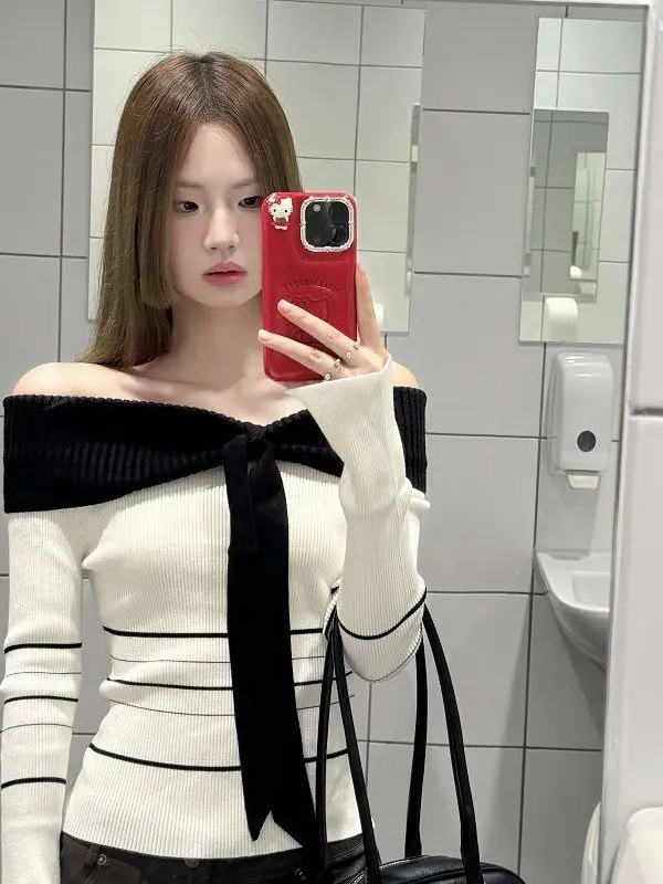 Pure Desire Spicy Girl One Shoulder Long Sleeve Knitted Sweater Women Early Autumn New Style Slimming Stripe Color Block Beau...