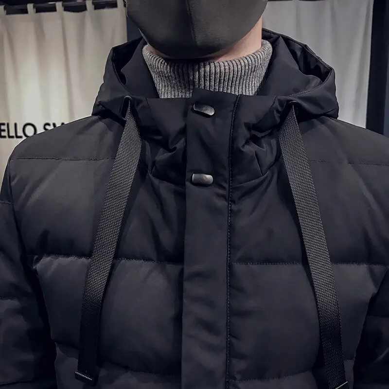 Casaco com capuz de comprimento médio masculino, bolso com zíper, laço, monocromático, slim fit, algodão grosso, manga comprida, combinação de inverno, novo, 2023