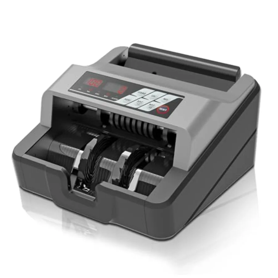 

Portable money counter for office use, ABS plastic, black gray, UV/MG counterfeit detection, 1300 bills/min speed, durable 24/7