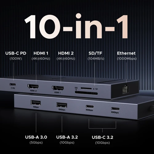Imagen 2 del producto UGREEN USB C HUB 10 en 1 4K60Hz HDMI USB3.2 10Gbps PD100W RJ45 SDTF USB divisor para portátil Macbook Pro Air iPad estación de acoplamiento