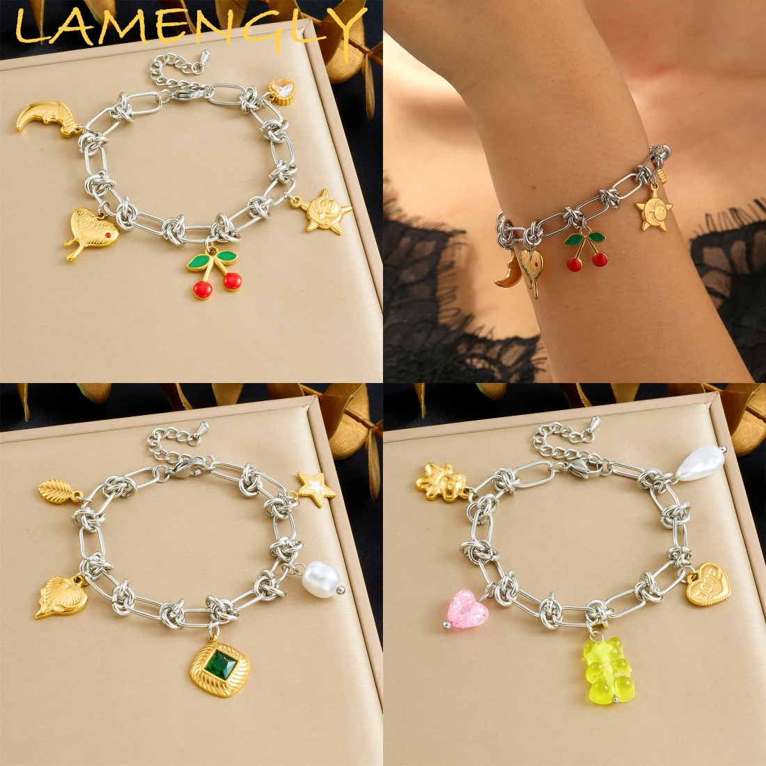 

LAMENGLY 316L Stainless Steel Multiple Accessories Cherry Heart Moon Star Bear Charm Bracelet Women New Trend Hand Chain Gifts