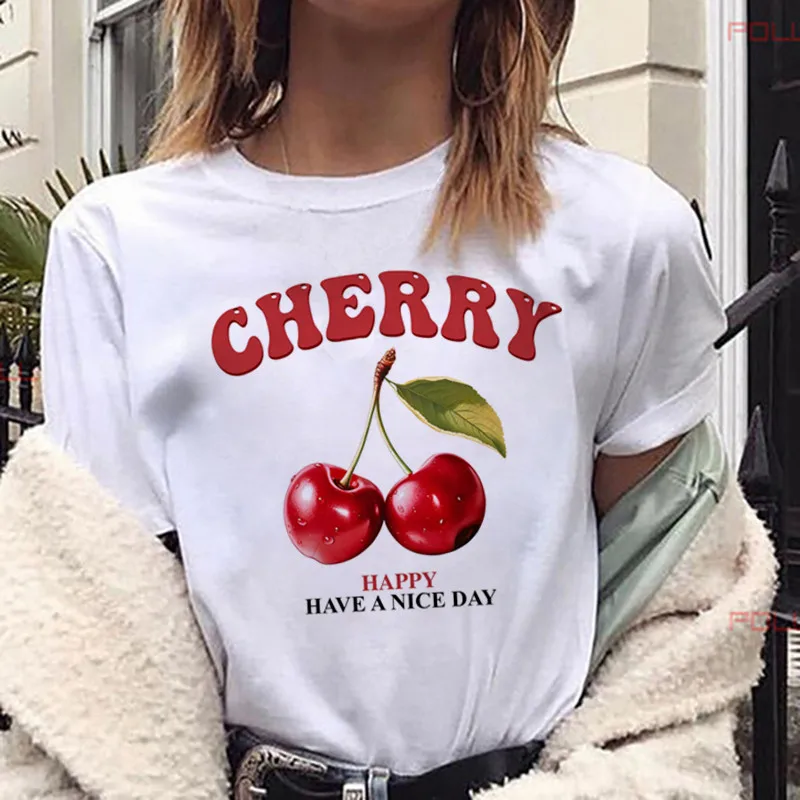 Women's Cherry Print T-Shirt 100% Polyester Crew Neck Short Sleeve Casual Top Regular Length Knit Fabric Fruit & Vegetable Tees